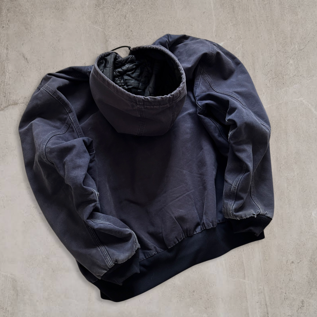 Faded Dark Blue Carhartt Hooded Work Jacket 1990s (XL)