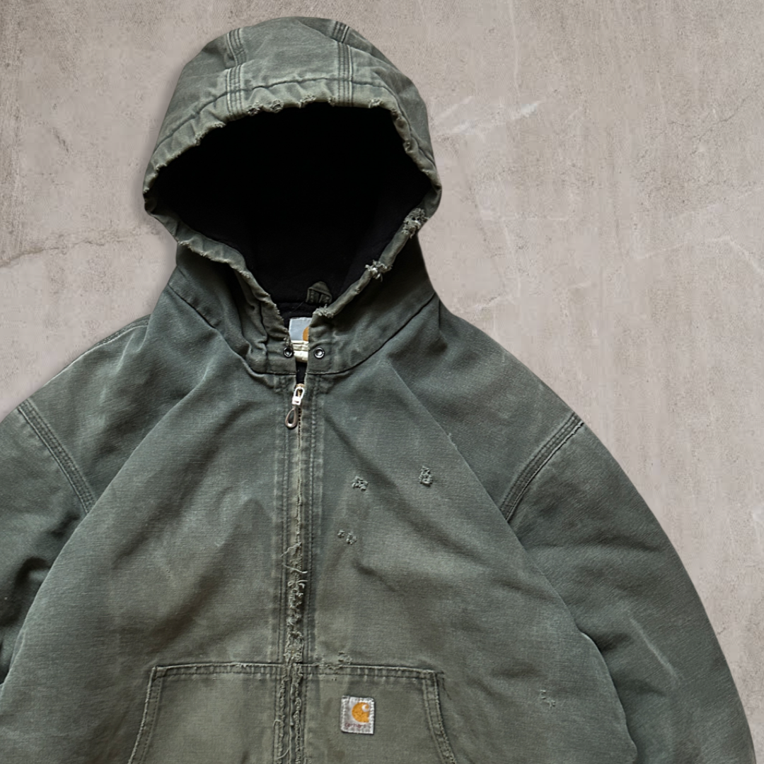 Faded Distressed Sage Green Carhartt Hooded Jacket Y2K 2000s (L)