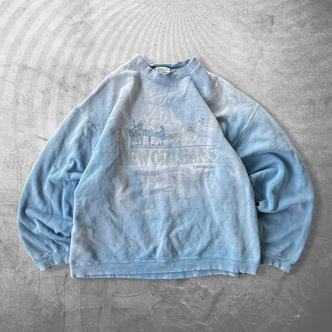 Faded Distressed Blue New Orleans Sweatshirt 1990s (M/L)