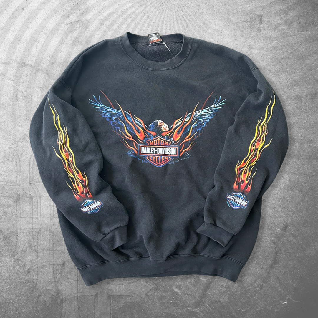 Black Harley Flame Eagle Sweatshirt 1990s (XL)