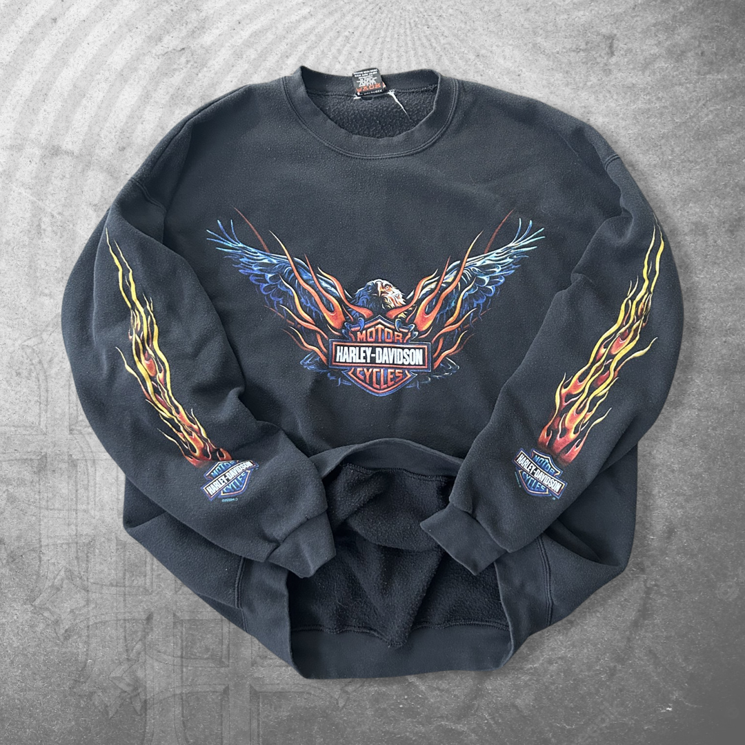 Black Harley Flame Eagle Sweatshirt 1990s (XL)