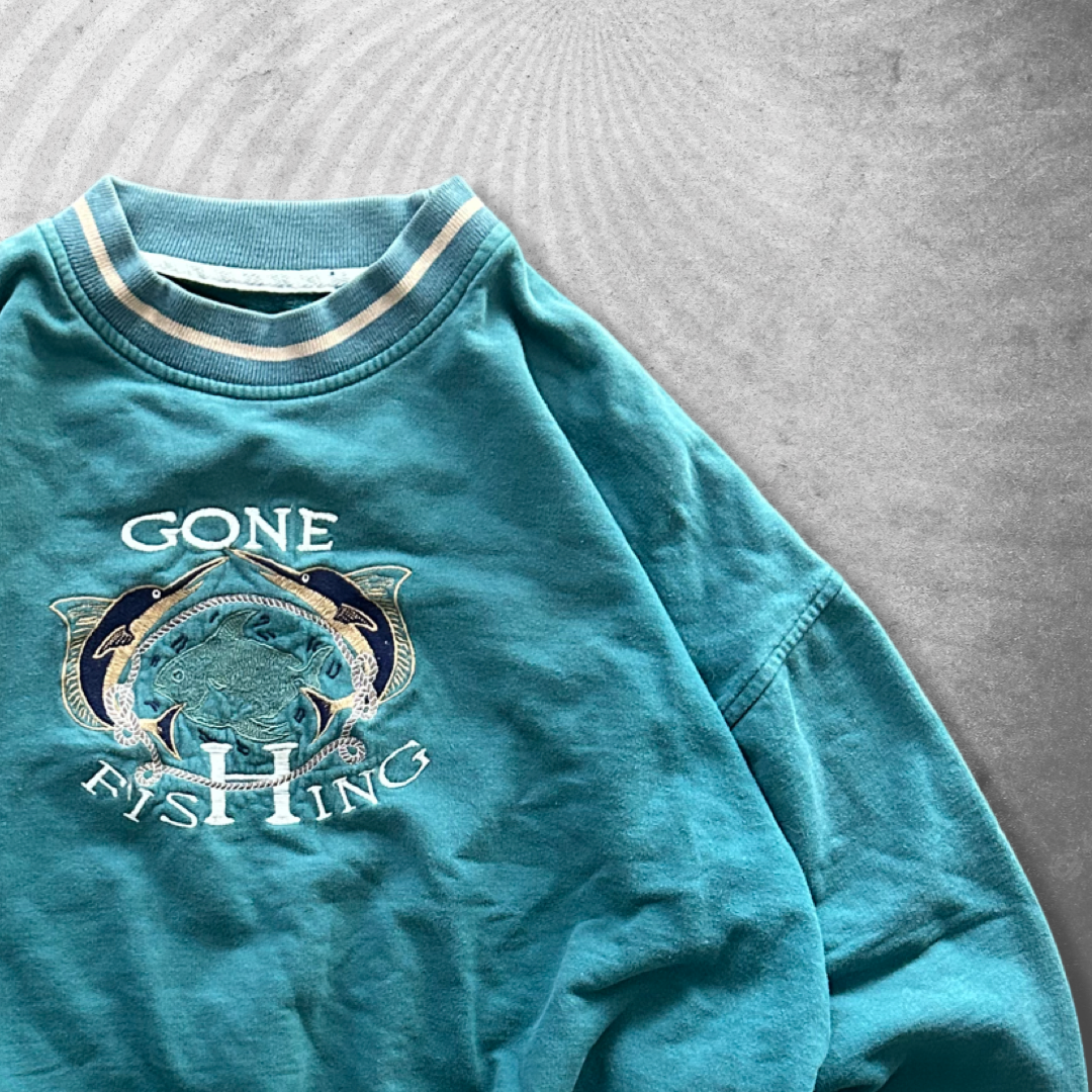 Boxy Teal Gone Fishing Sweatshirt 1990s (M)