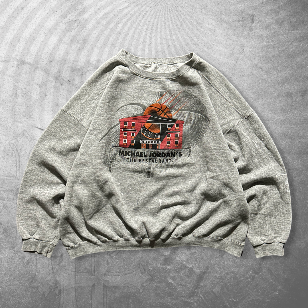 Boxy Grey Distressed Michael Jordan’s Restaurant Sweatshirt 1990s (XL)