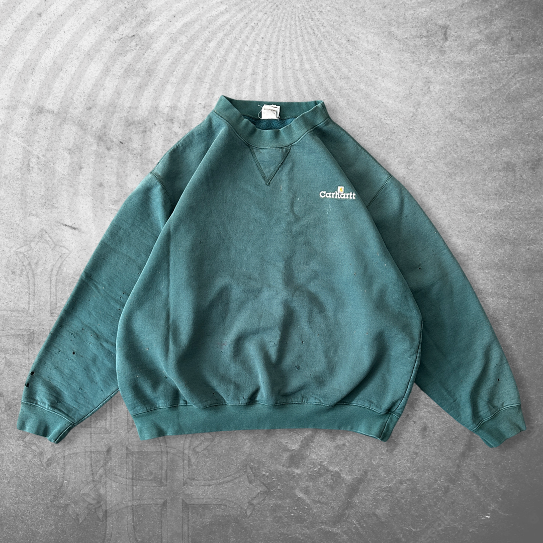 Boxy Distressed Forest Green Carhartt Sweatshirt 1990s (XL)