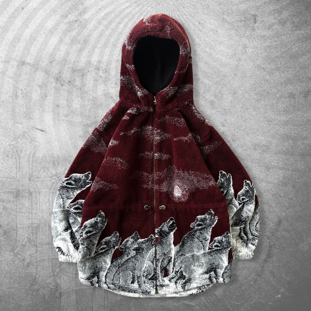 Maroon Hooded Wolf Fleece Jacket 1990s (M/L)