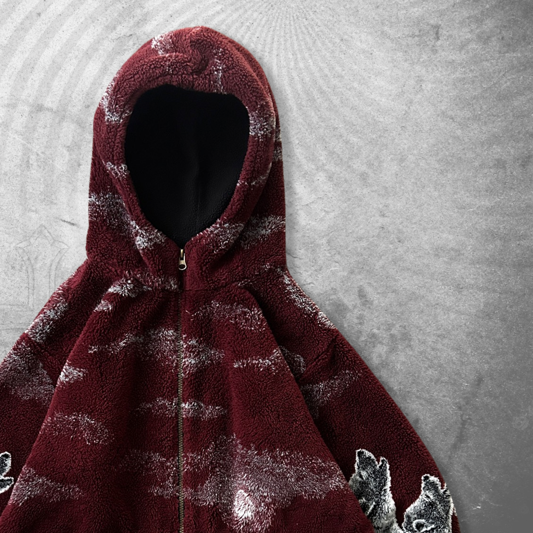 Maroon Hooded Wolf Fleece Jacket 1990s (M/L)