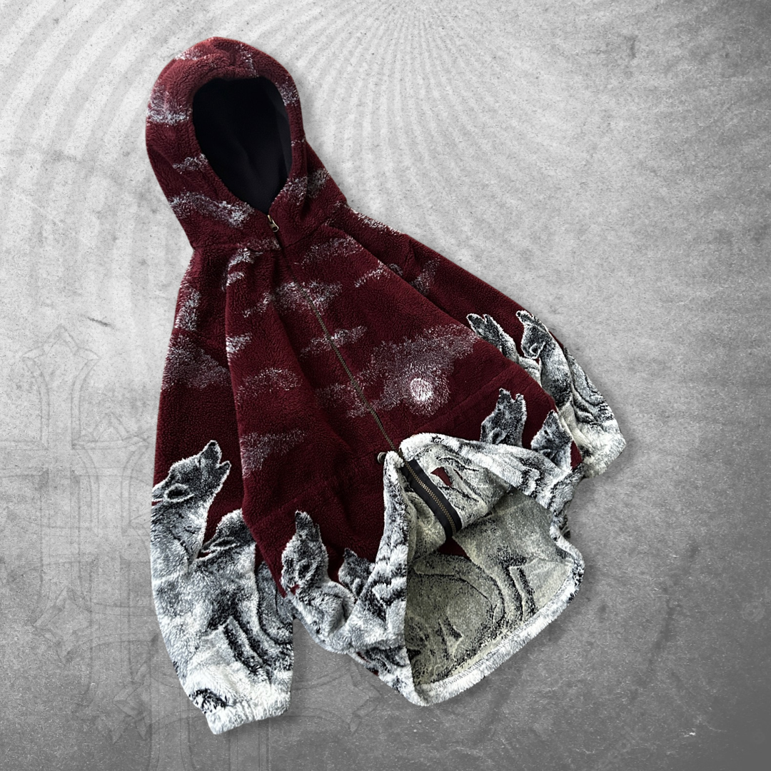 Maroon Hooded Wolf Fleece Jacket 1990s (M/L)