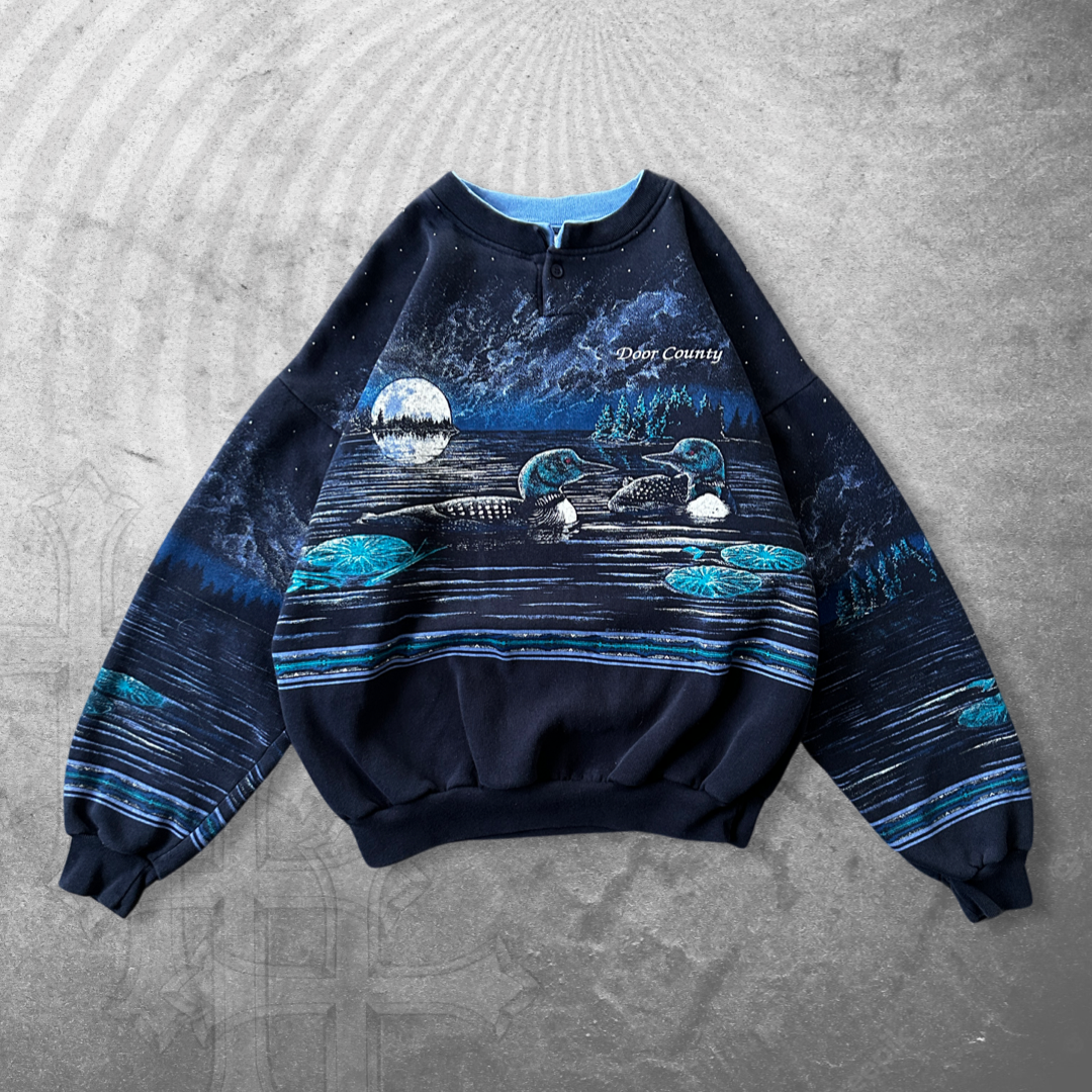 Navy Mallard All Over Print Sweatshirt 1990s (L)