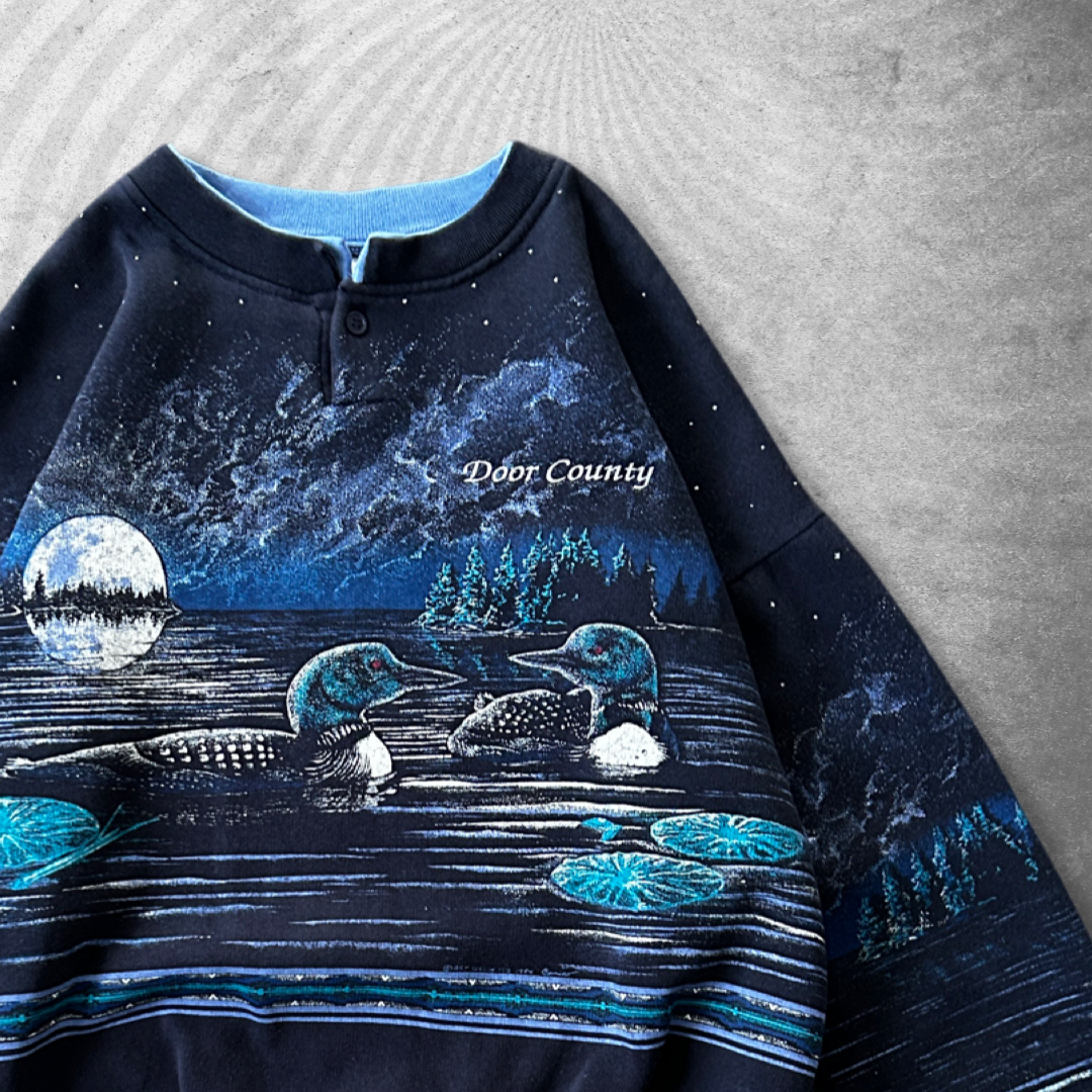 Navy Mallard All Over Print Sweatshirt 1990s (L)