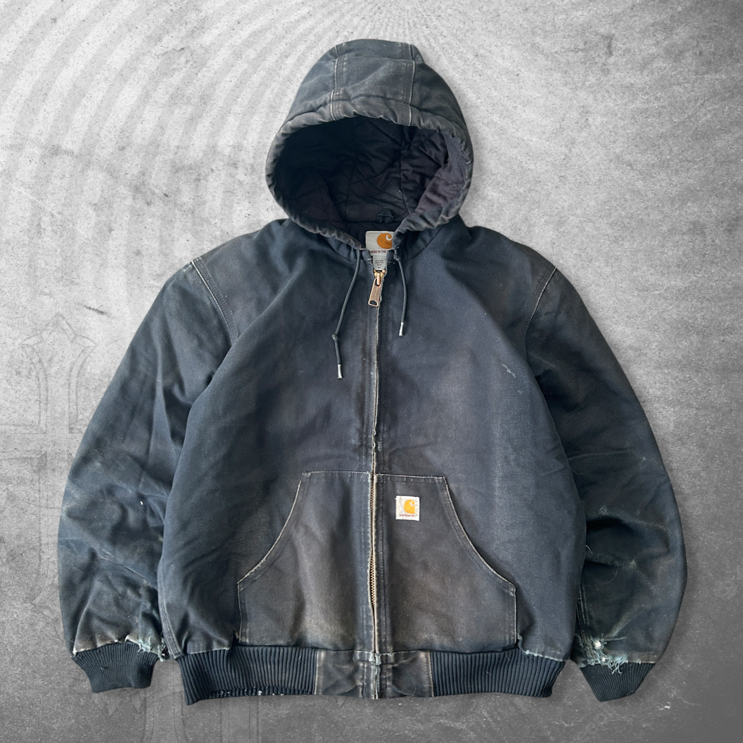 Faded Distressed Black Carhartt Hooded Work Jacket 1990s (M)