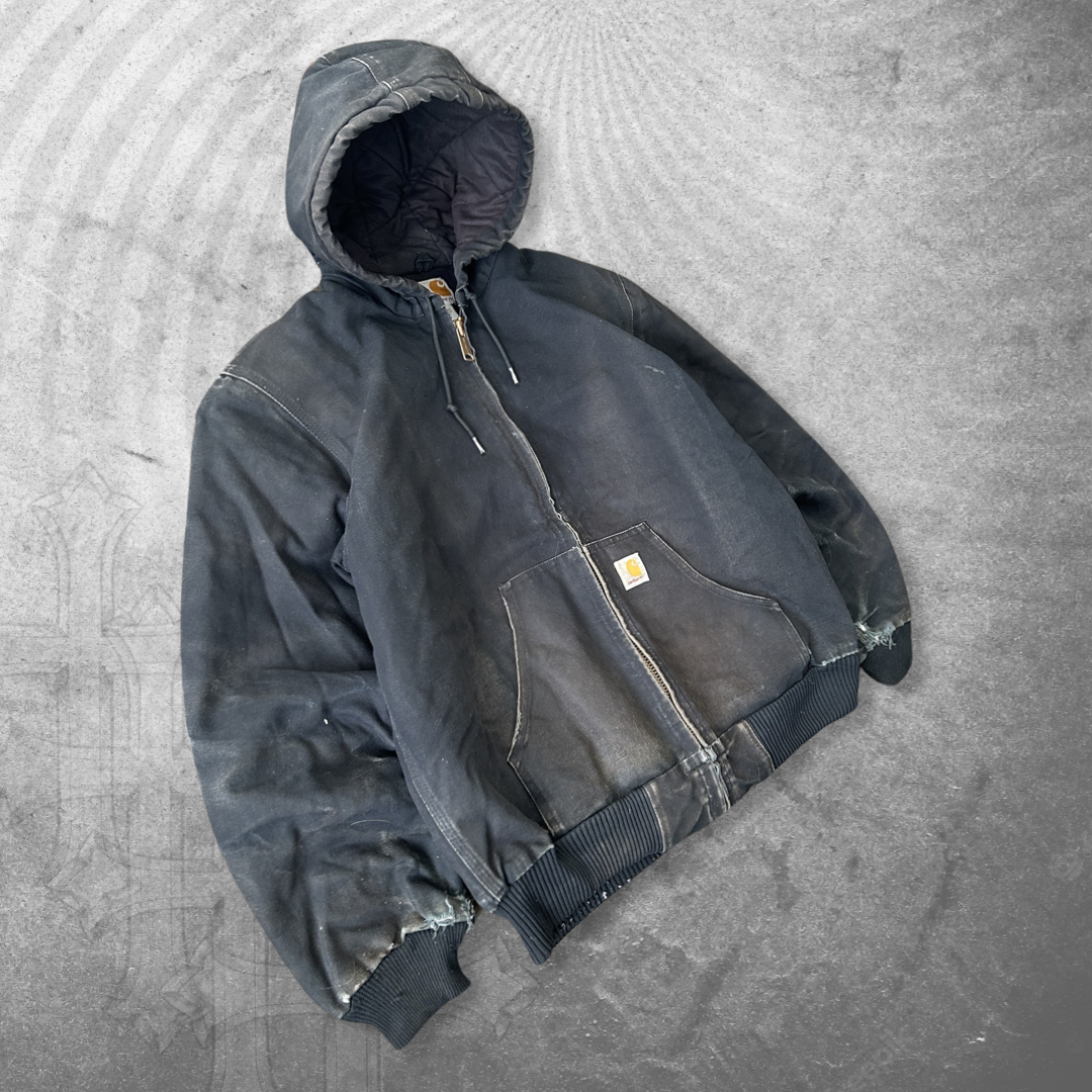 Faded Distressed Black Carhartt Hooded Work Jacket 1990s (M)