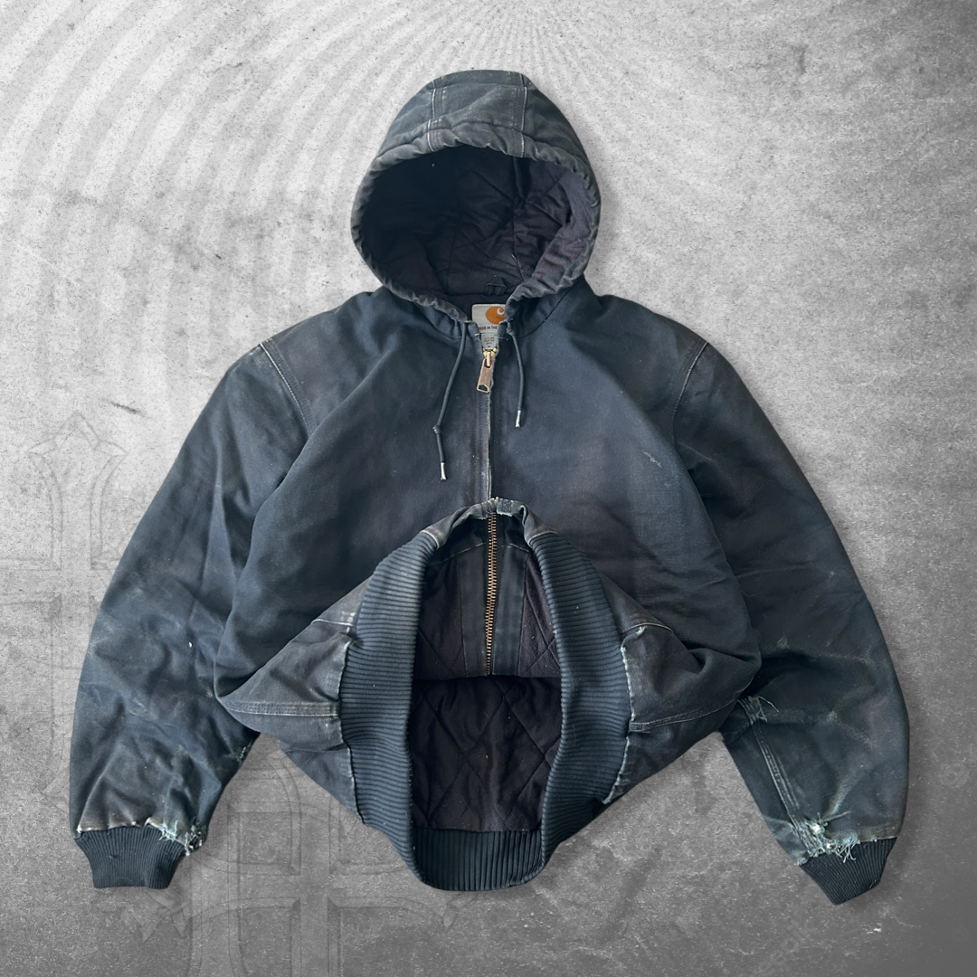 Faded Distressed Black Carhartt Hooded Work Jacket 1990s (M)