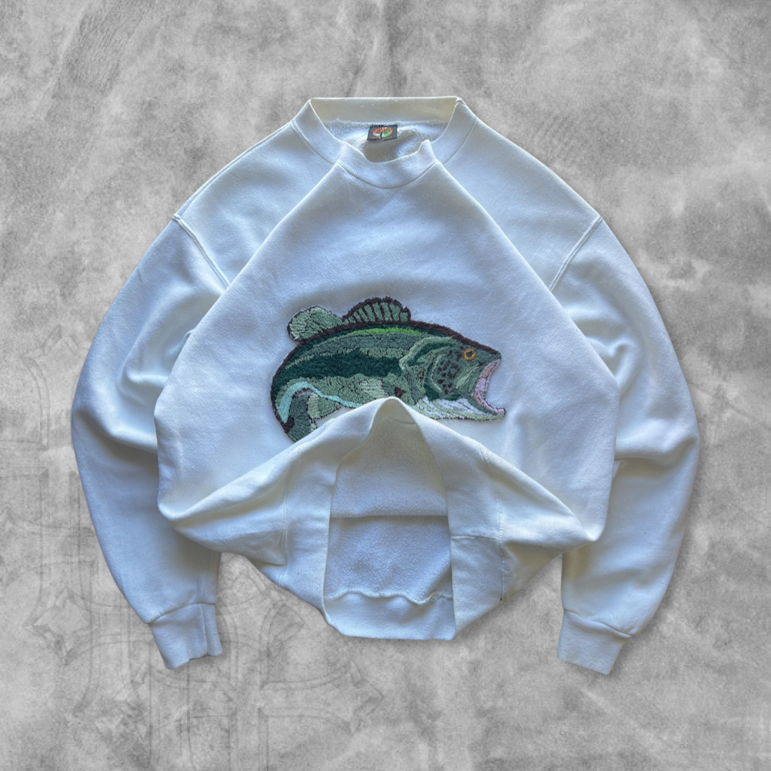 Bone White Rug Stitched Bass Sweatshirt 1990s (L)