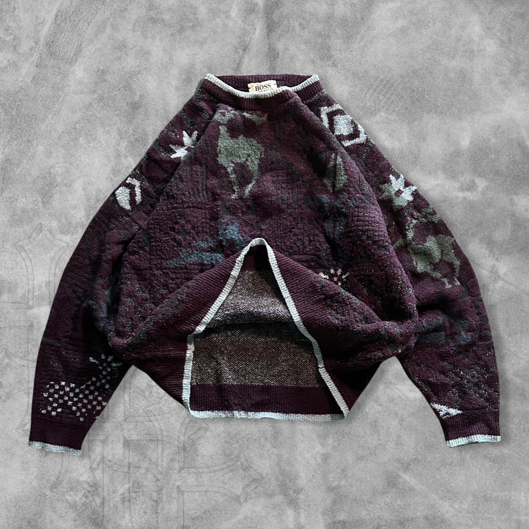 Maroon Animal Pattern Sweater 1990s (L)