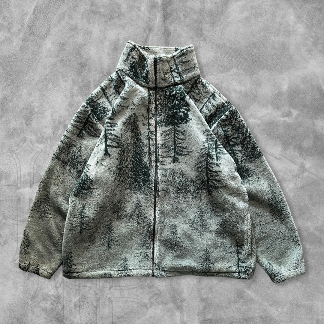 Mint Green Tree Pattern Fleece Jacket 1990s (XL)