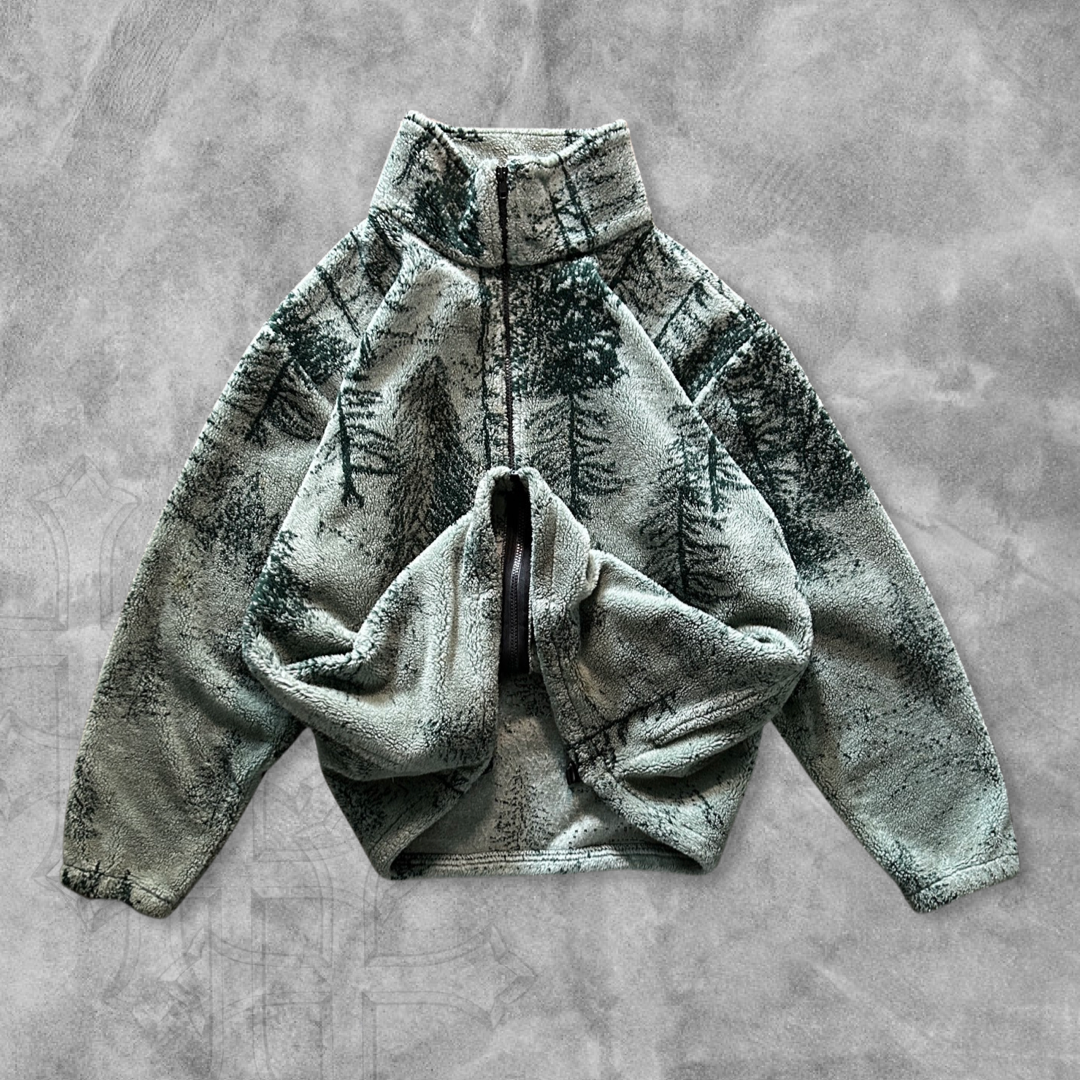 Mint Green Tree Pattern Fleece Jacket 1990s (XL)