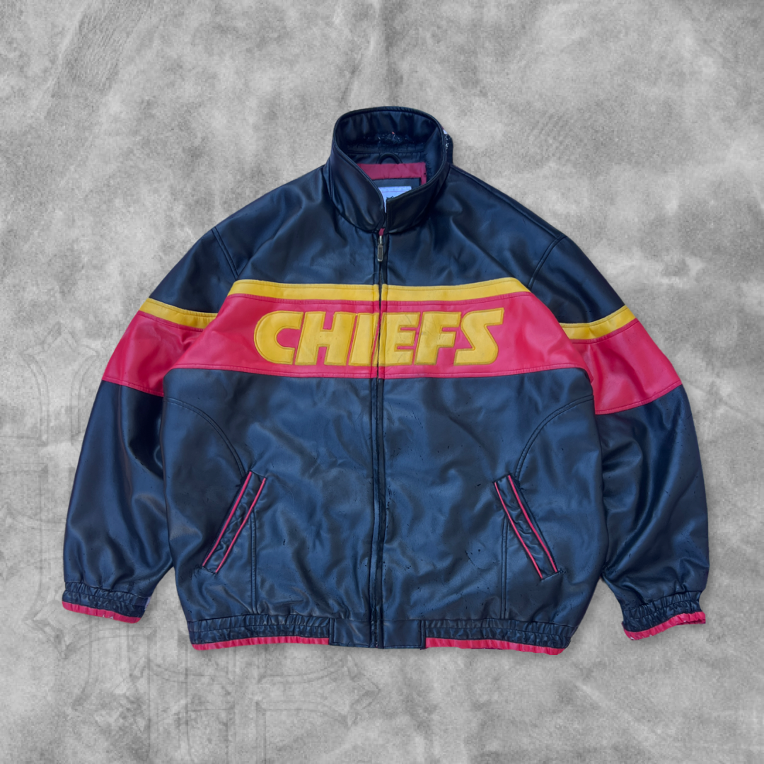 Faded Distressed Black Kansas City Chiefs Leather Jacket 1990s (XXL)