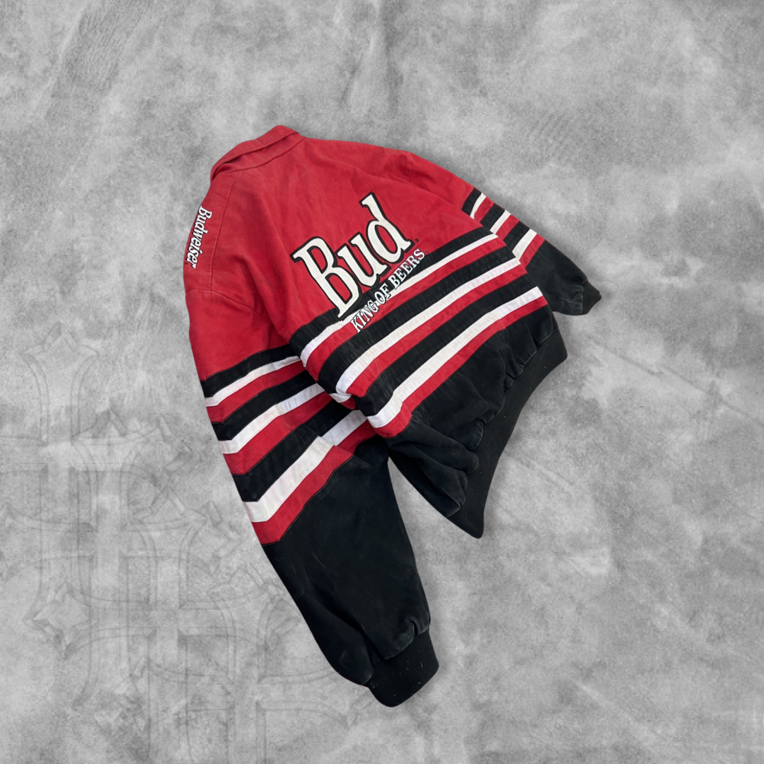 Faded Distressed Cherry Red Bud King Of Beers Racing Jacket 1990s (XL)