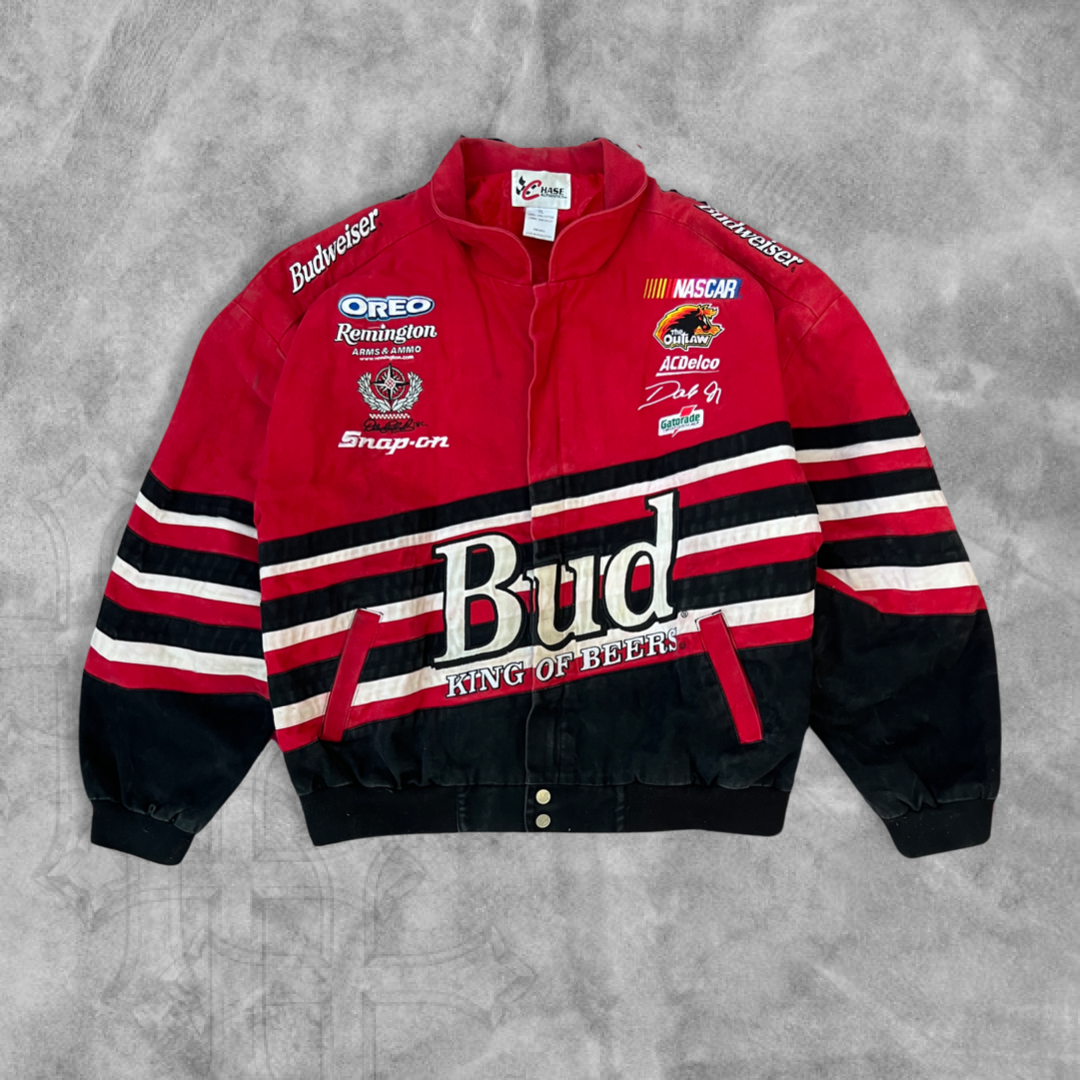 Faded Distressed Cherry Red Bud King Of Beers Racing Jacket 1990s (XL)