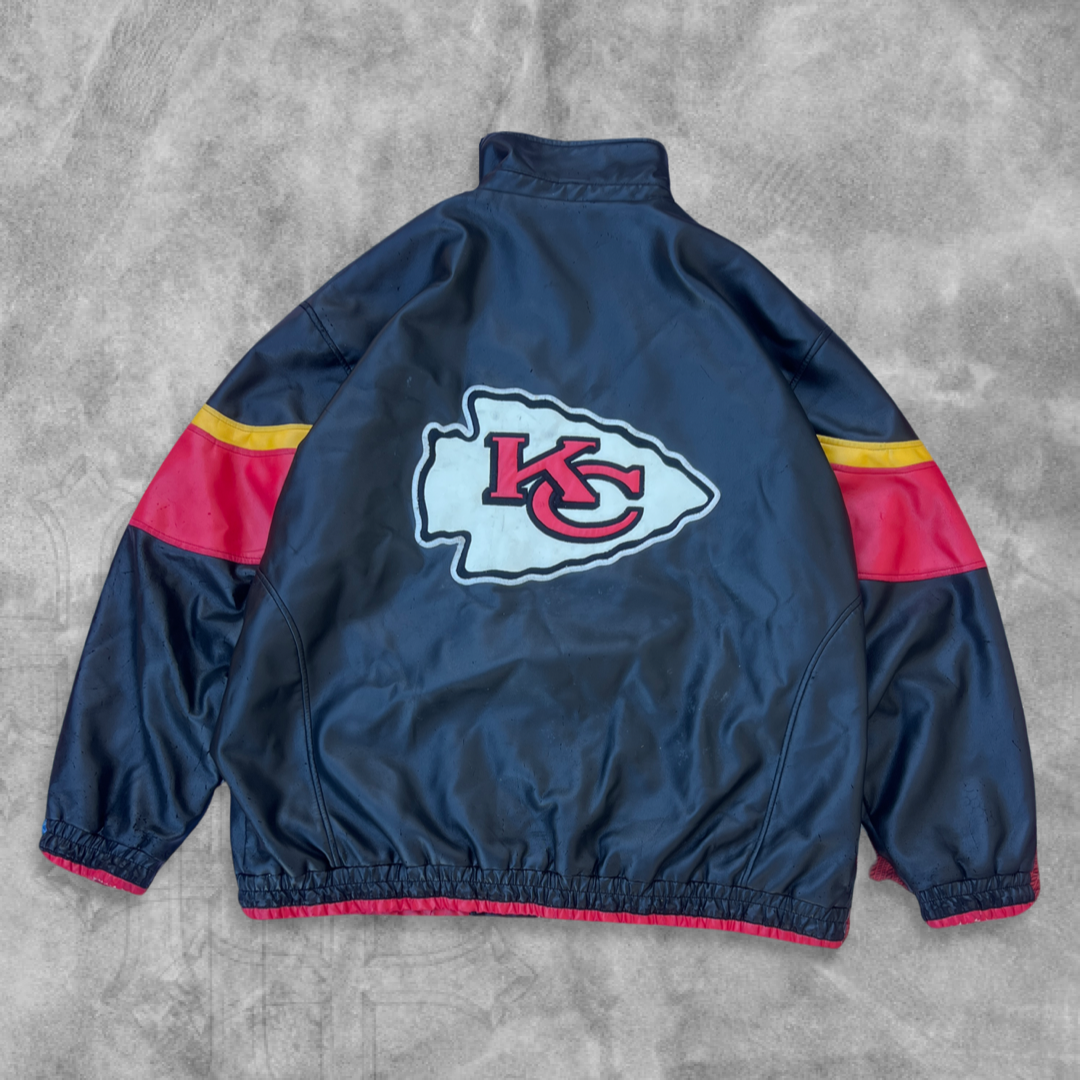 Faded Distressed Black Kansas City Chiefs Leather Jacket 1990s (XXL)