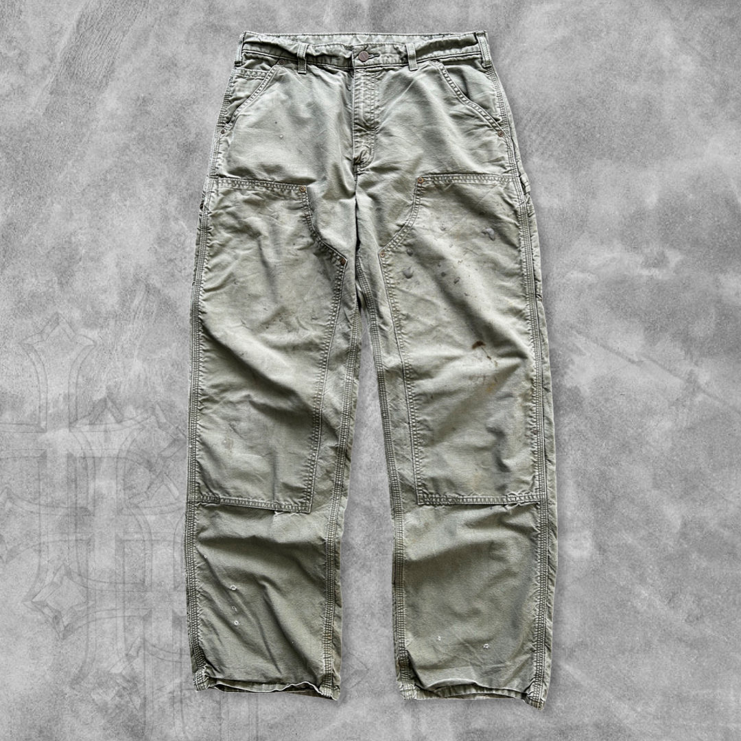 Distressed Sage Green Carhartt Double Knee Pants 1990s (33x32)