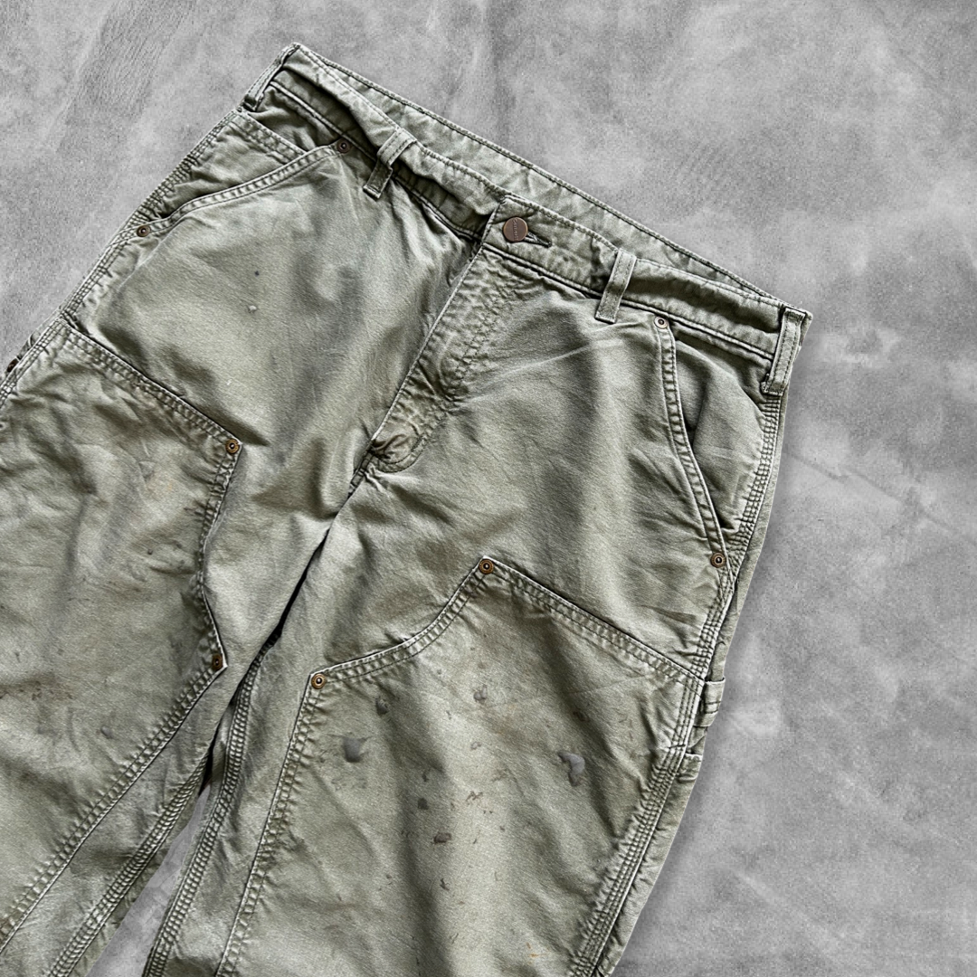 Distressed Sage Green Carhartt Double Knee Pants 1990s (33x32)