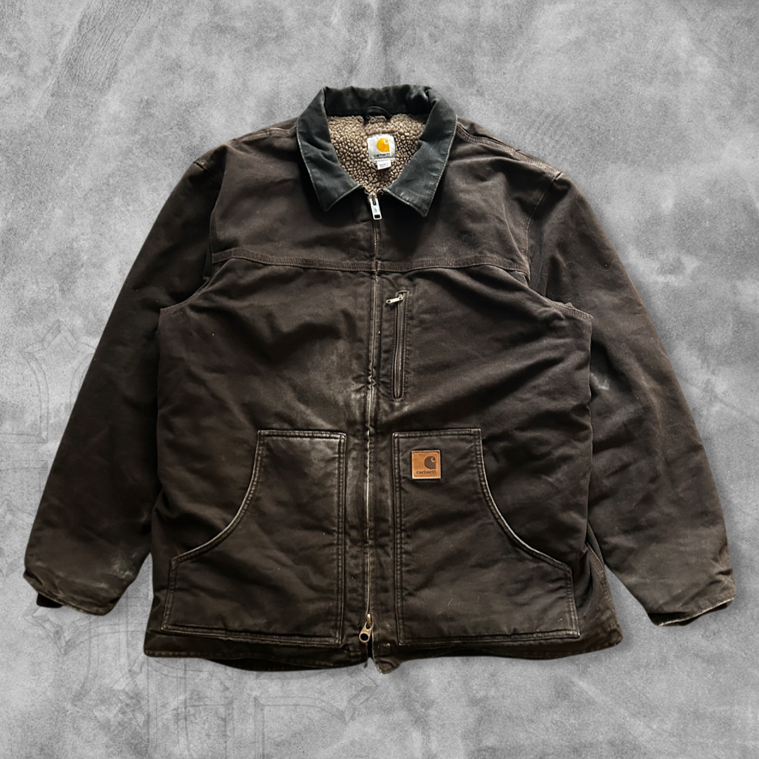 Distressed Mocha Brown Carhartt Sherpa Lined Jacket 2000s (L)