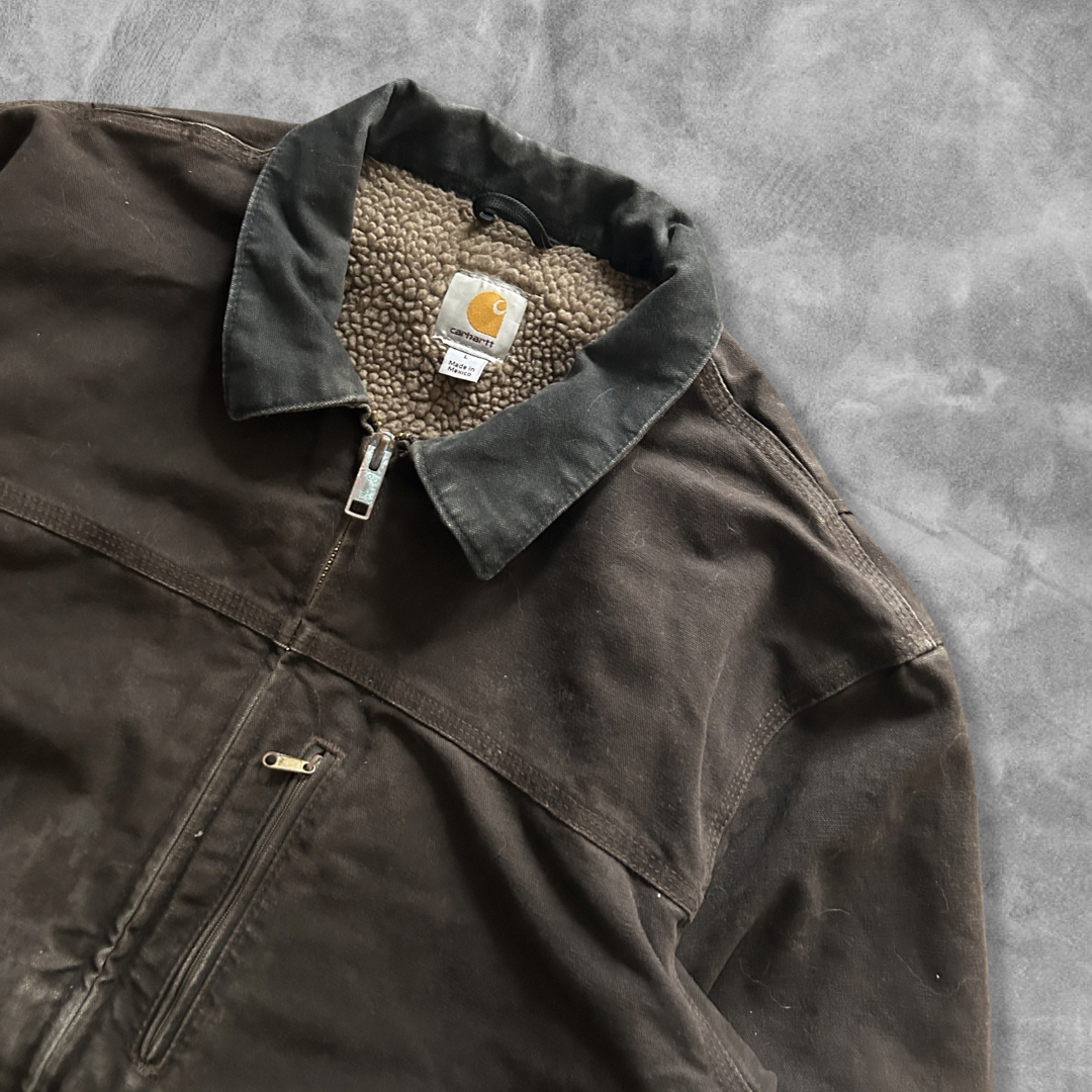 Distressed Mocha Brown Carhartt Sherpa Lined Jacket 2000s (L)