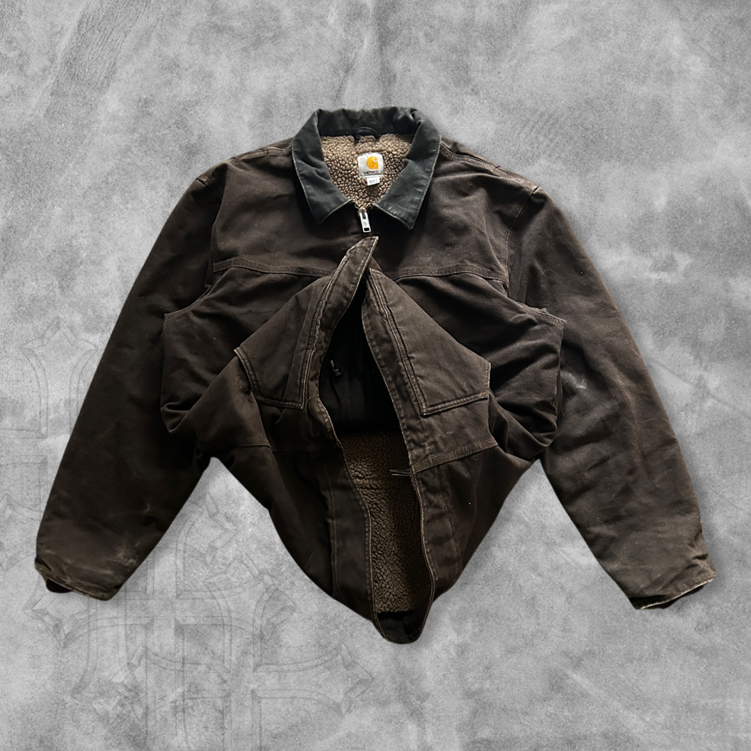 Distressed Mocha Brown Carhartt Sherpa Lined Jacket 2000s (L)
