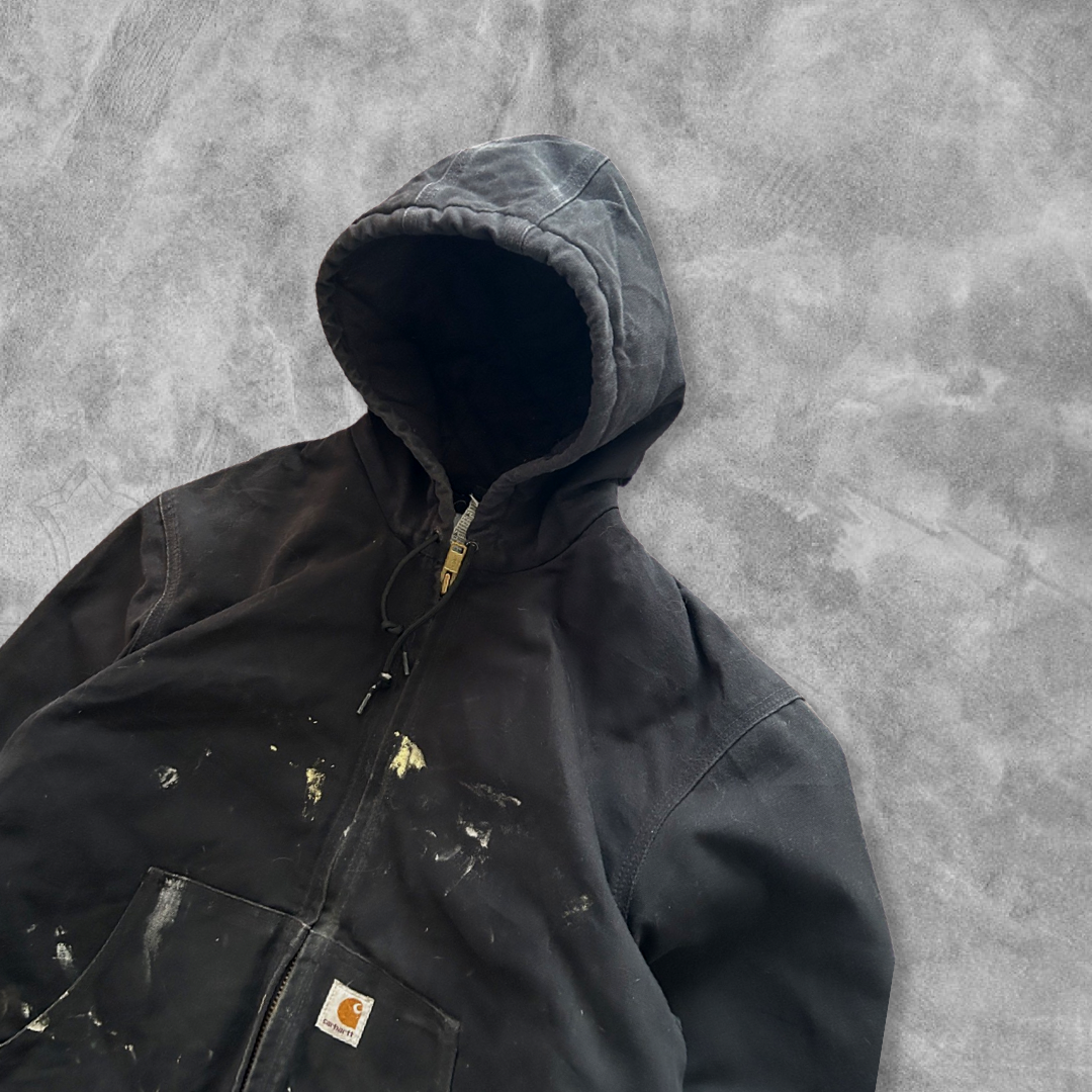 Black Paint Distressed Carhartt Hooded Jacket Y2K 2000s (L)