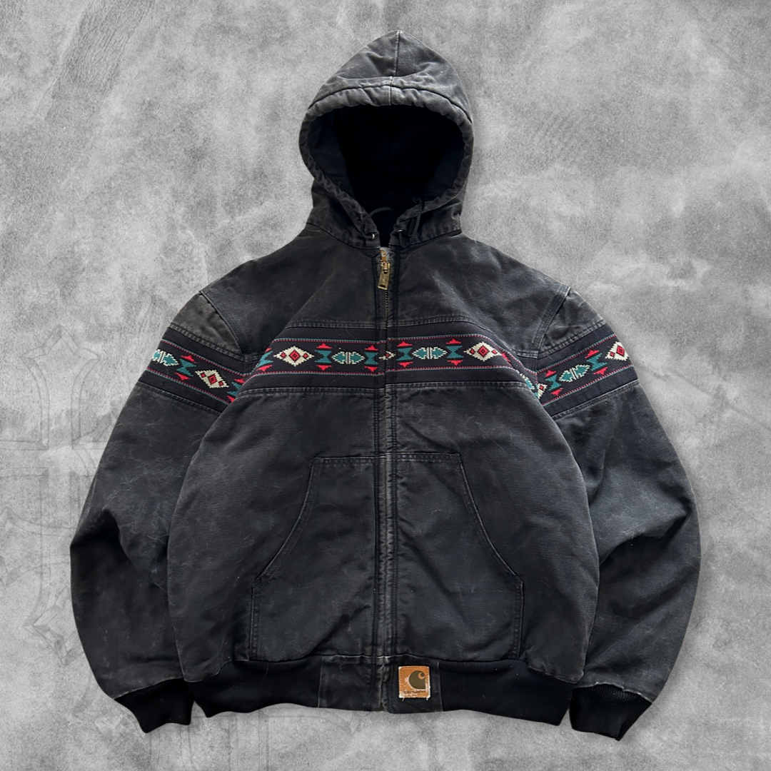 Faded Black Carhartt Aztec Hooded Jacket 1990s (M)