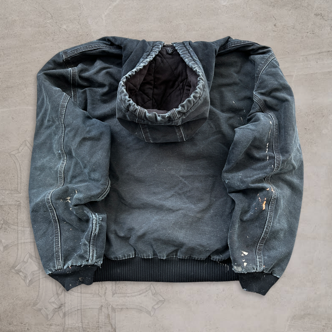 Black Faded Paint Distressed Carhartt Hooded Jacket Y2K 2000s (L)