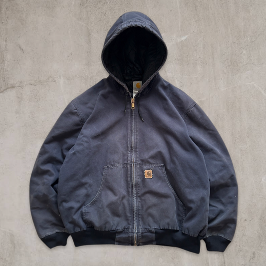 Faded Dark Blue Carhartt Hooded Work Jacket 1990s (XL)