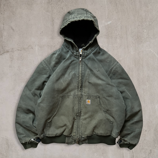 Faded Distressed Sage Green Carhartt Hooded Jacket Y2K 2000s (L)