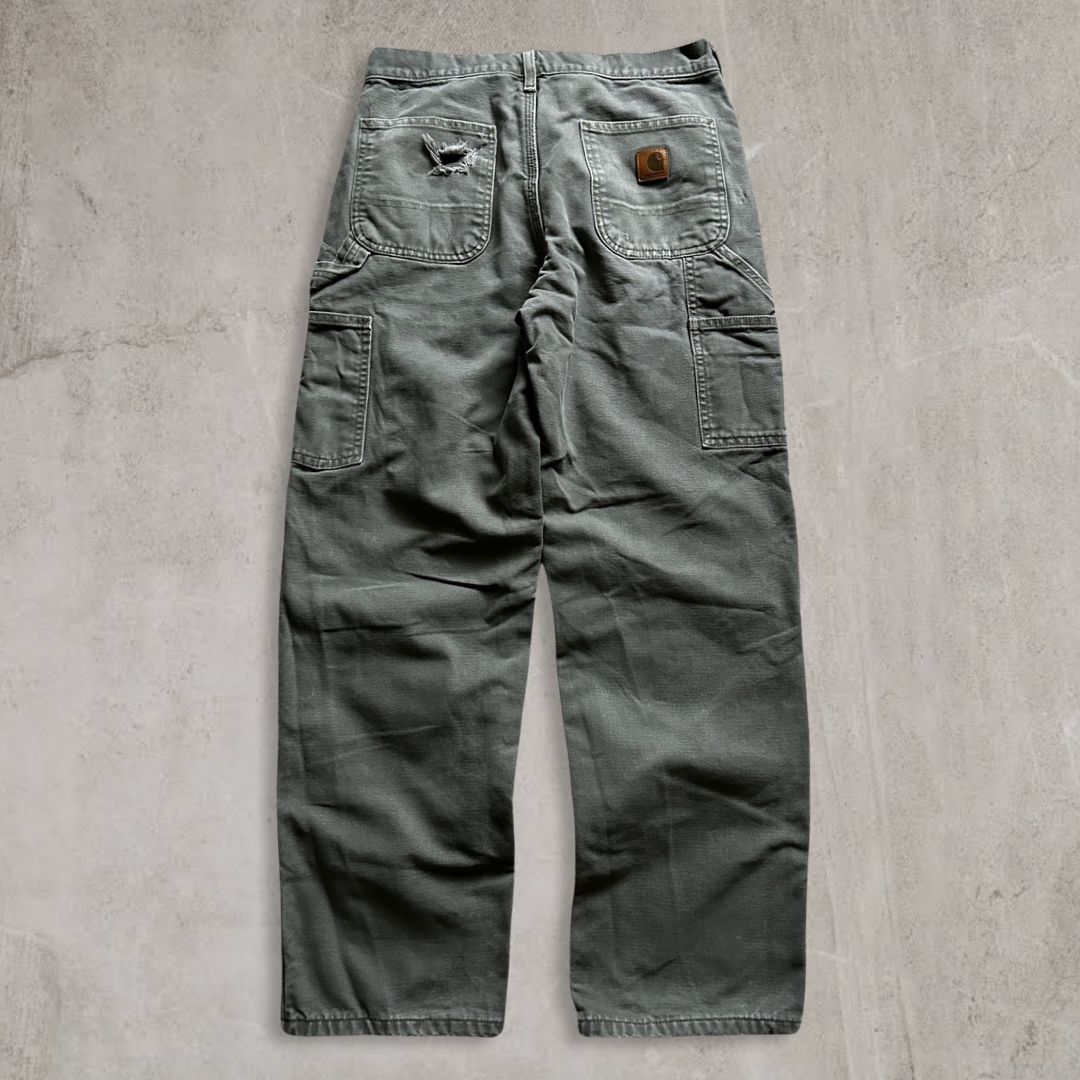 Moss Green Carhartt Carpenter Pants Flannel Lined 2000s (30x30)