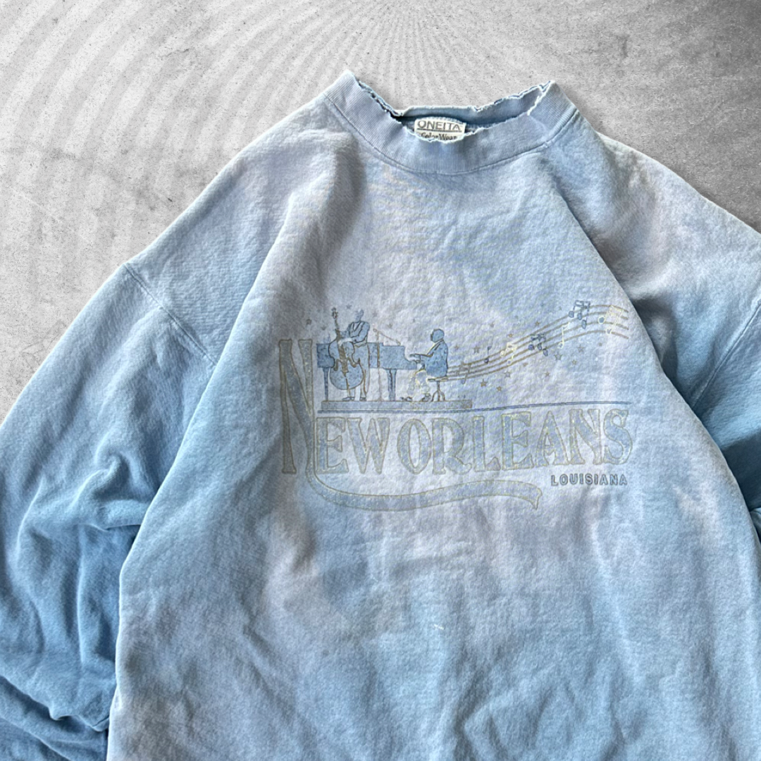Faded Distressed Blue New Orleans Sweatshirt 1990s (M/L)