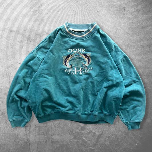 Boxy Teal Gone Fishing Sweatshirt 1990s (M)