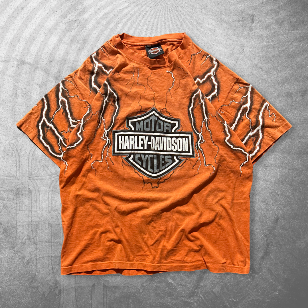 Faded Orange Harley Lighting Shirt 1990s (L)