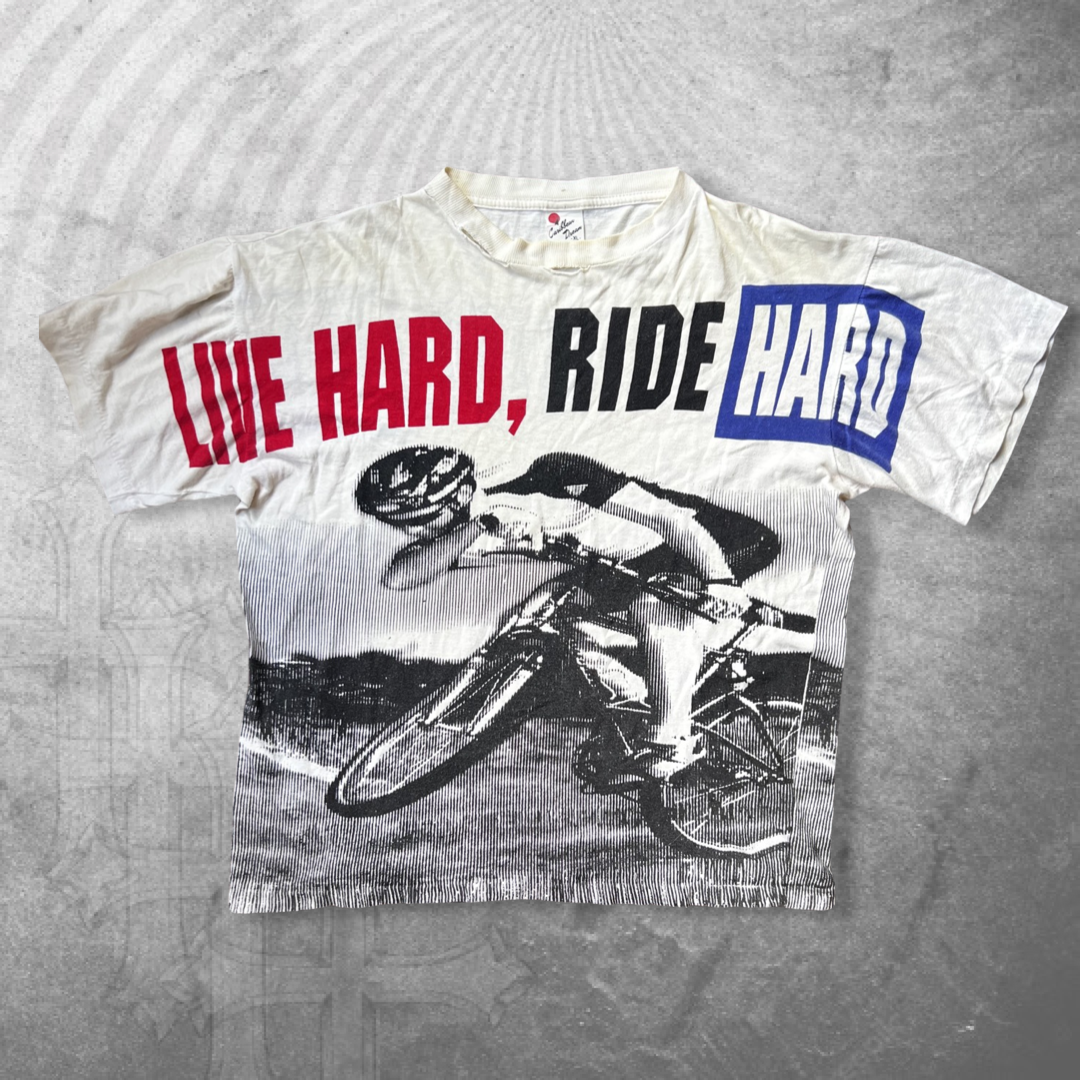 White Distressed Live Hard Ride Hard All Over Print Shirt 1990s (M)