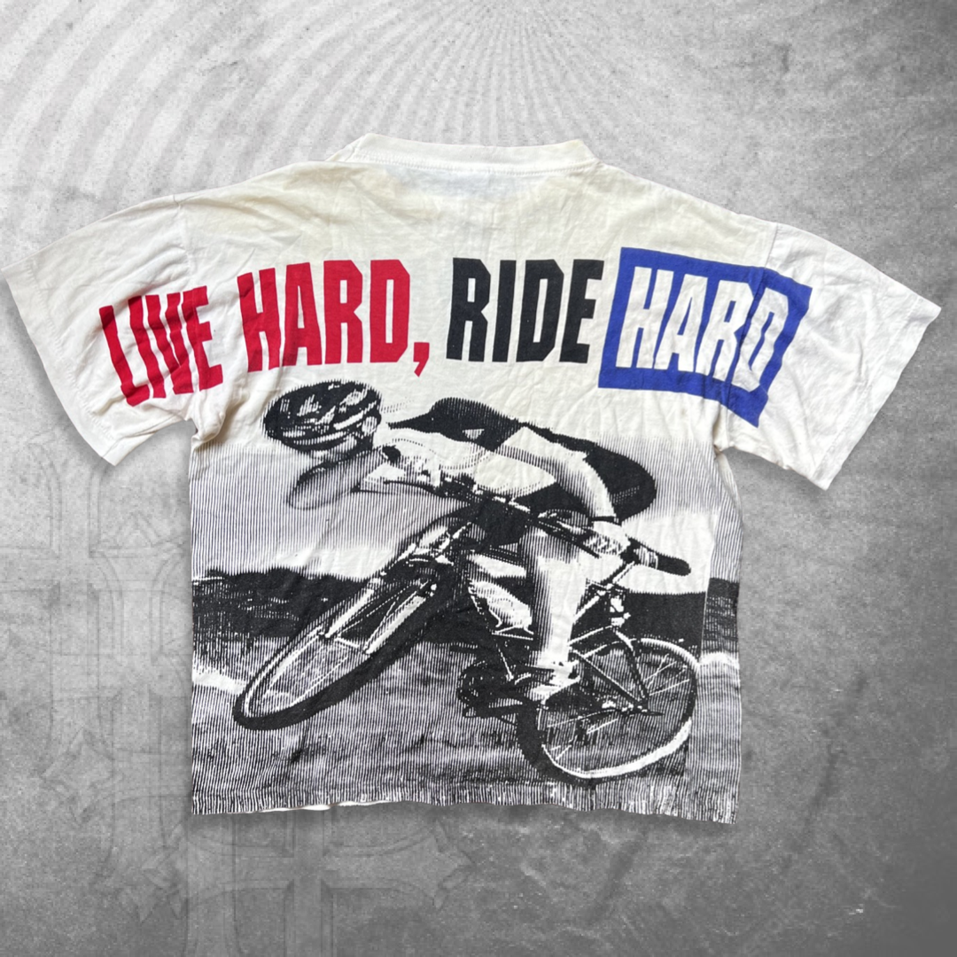 White Distressed Live Hard Ride Hard All Over Print Shirt 1990s (M)