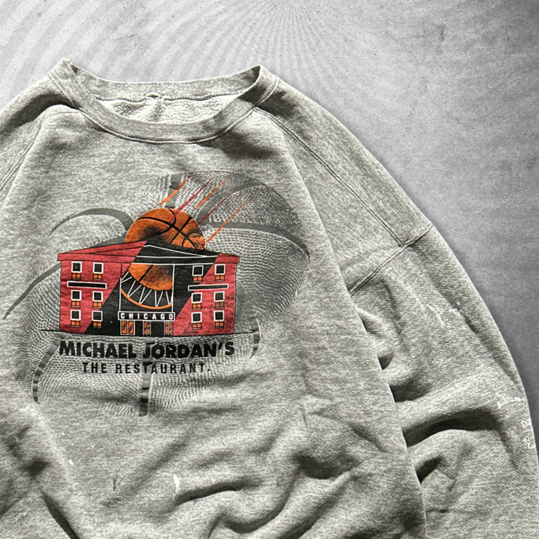 Boxy Grey Distressed Michael Jordan’s Restaurant Sweatshirt 1990s (XL)