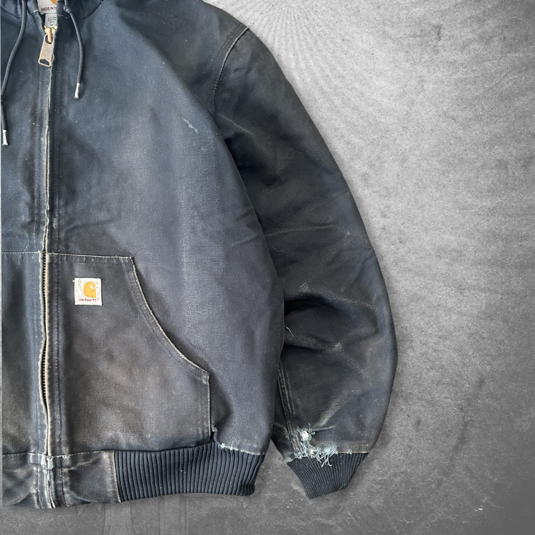 Faded Distressed Black Carhartt Hooded Work Jacket 1990s (M)