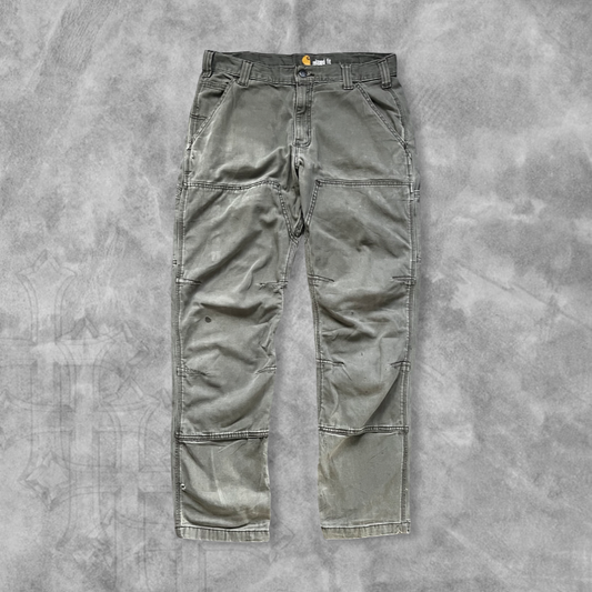 Faded Distressed Moss Green Carhartt Cargo Double Knee Pants 2000s (32x30)