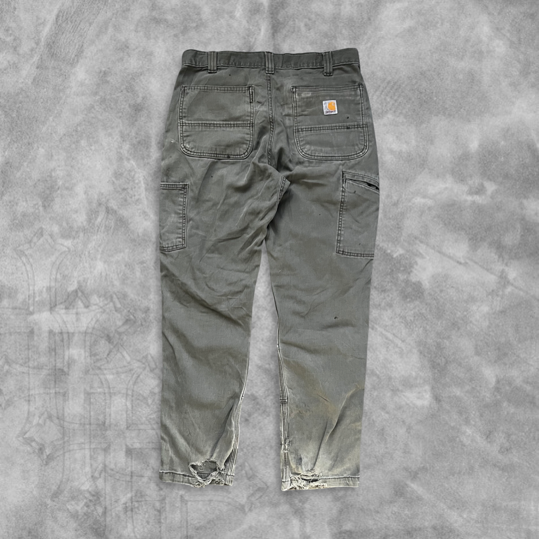 Faded Distressed Moss Green Carhartt Cargo Double Knee Pants 2000s (32x30)