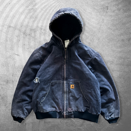 Faded Distressed Navy Blue Carhartt Hooded Jacket 1990s (XL)