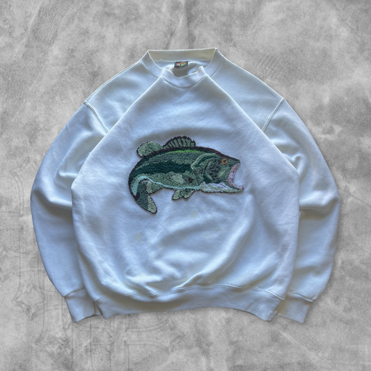 Bone White Rug Stitched Bass Sweatshirt 1990s (L)