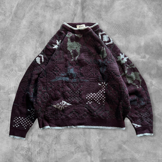 Maroon Animal Pattern Sweater 1990s (L)