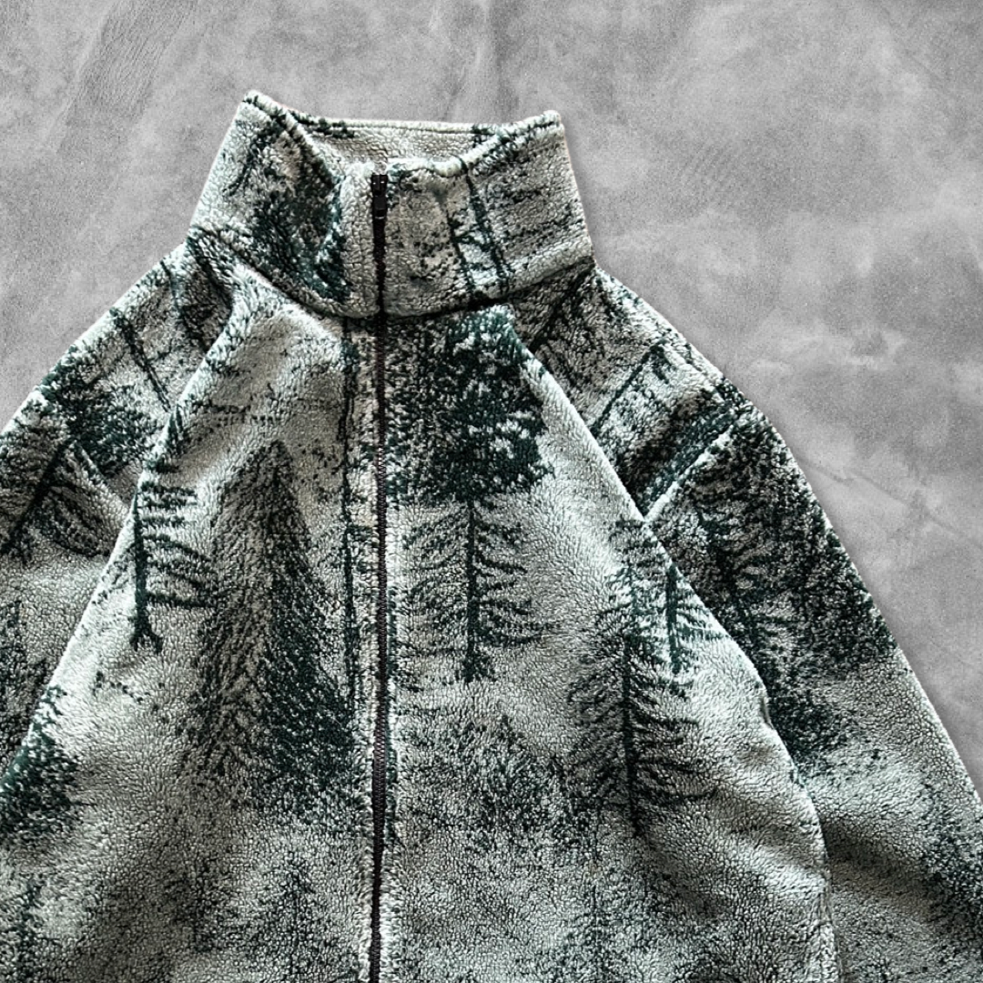 Mint Green Tree Pattern Fleece Jacket 1990s (XL)