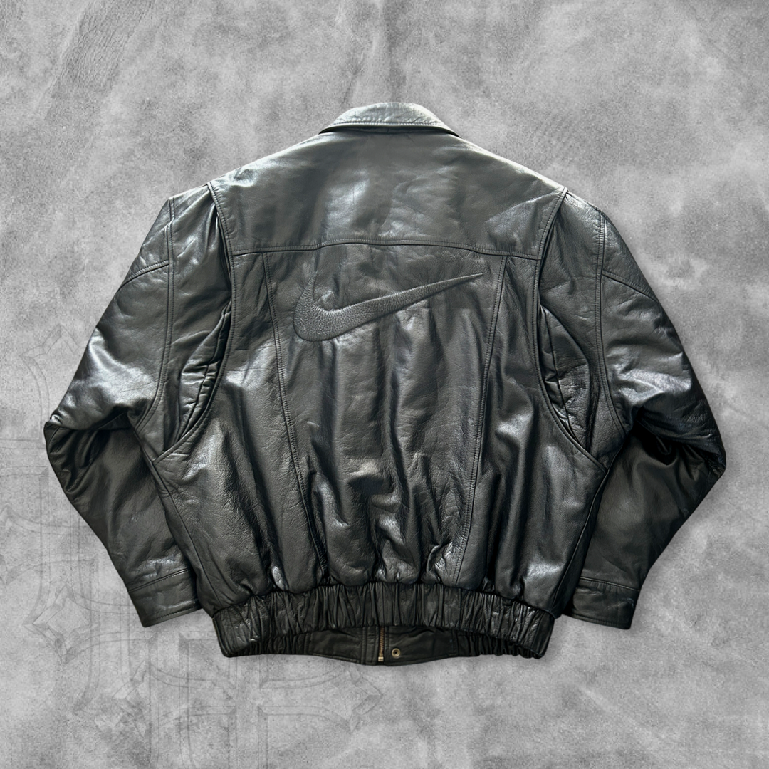 希少 90s NIKE black leather stadium jacket Black Nike Leather Jacket 1990s (XL) – Vain Society