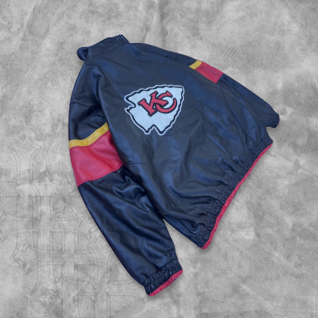 Faded Distressed Black Kansas City Chiefs Leather Jacket 1990s (XXL)